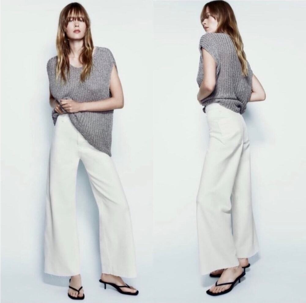 Zara The Marine High-Waist Wide Leg Jeans in White Size 8 Raw Hem